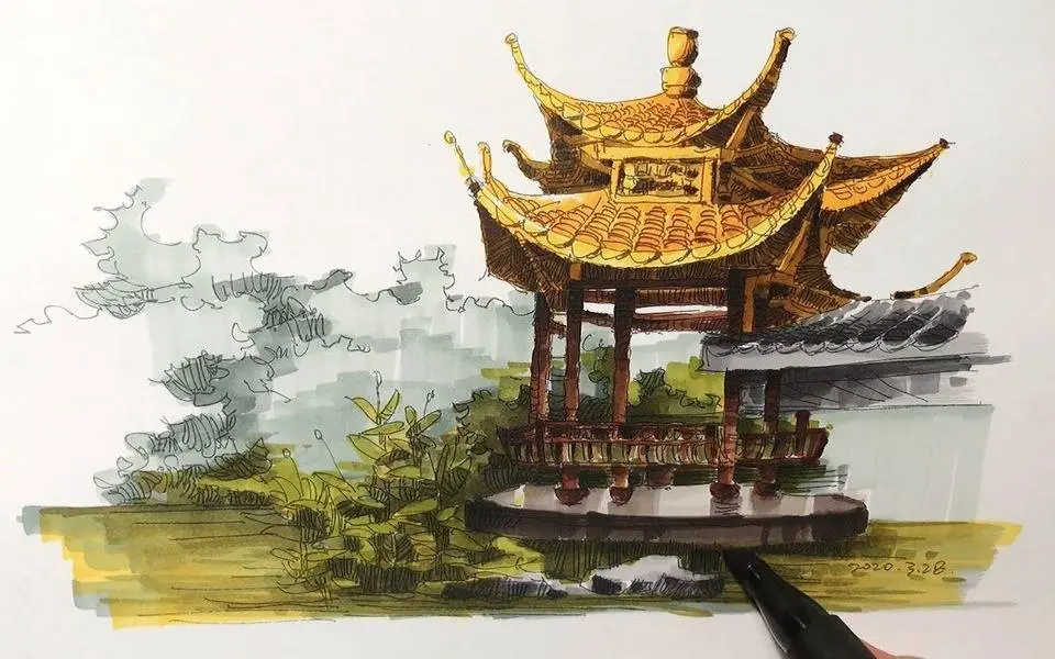 马克笔上色古建筑速写表现，分享户外绘画手绘过程，享受艺术生活