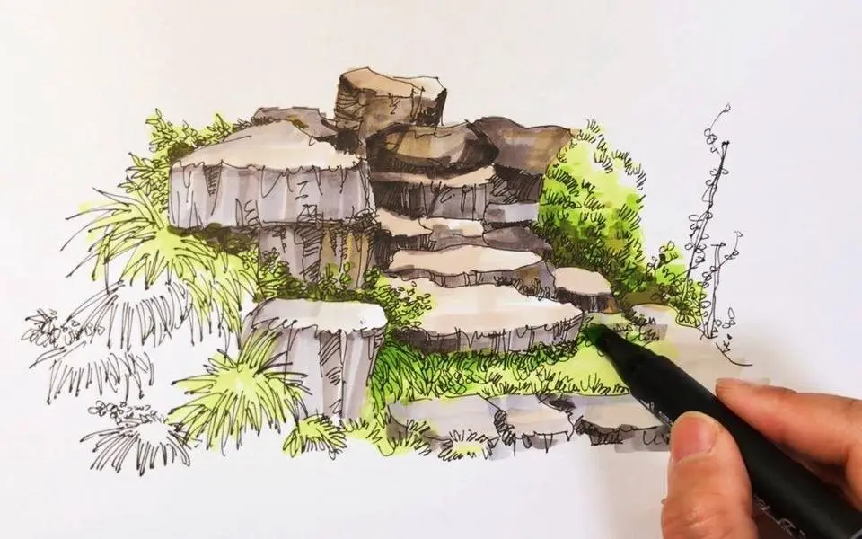 鋼筆畫手繪風景速寫，搭配馬克筆上色表現，每日線條練習必不可少
