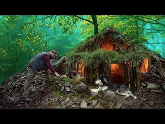 Building a Survival Shelter | Bushcraft natural hut, turf roof, whole bunker with rock PART 1