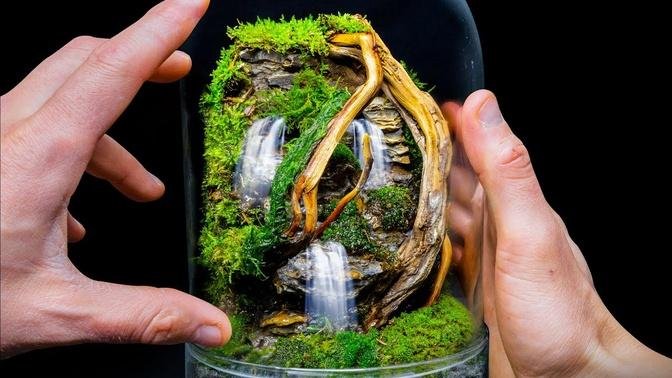 Mini Flowing Moss Waterfalls in a Jungle Cloche Terrarium