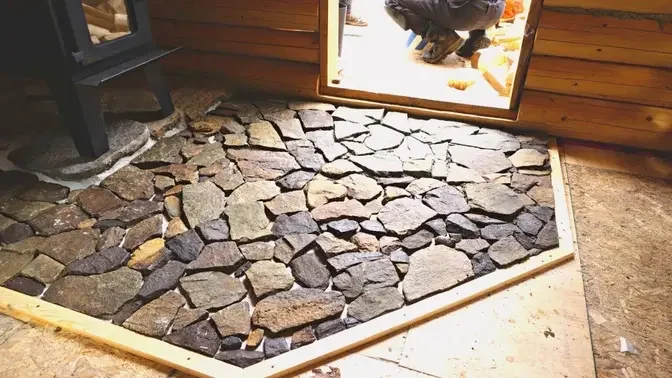 Building A Log Cabin  Ep. 42  First fire!! Stone floor made from the land