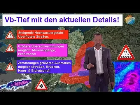 Das Vb-Tief mit den aktuellen Details: Hochwasser, Alpenschnee, Niederschlags-Summen. Weiterer Trend