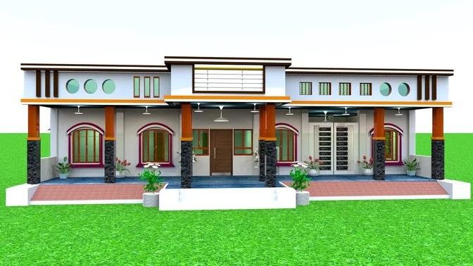 55 by 35 Village House plan in 3D , Best Front Elevation House Design in india