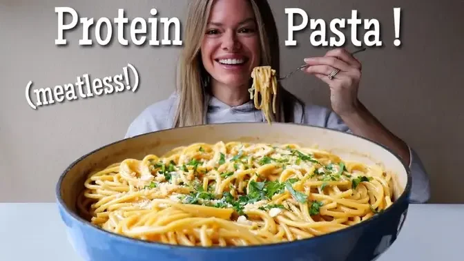 One Pot Creamy Garlic Protein Pasta MUKBANG! Meatless Protein Pasta with 40g  Protein / Serving!