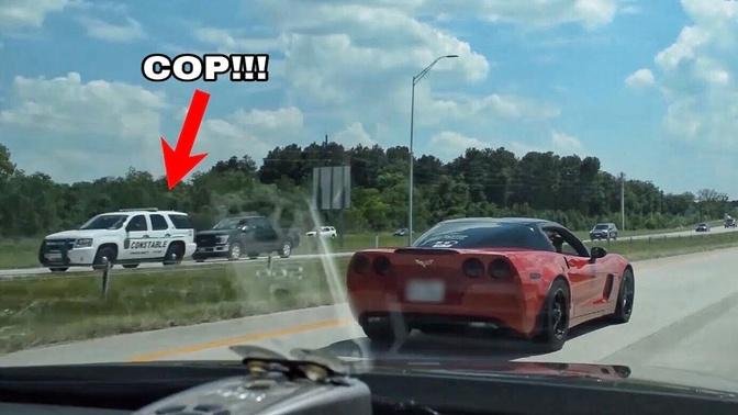 Racing in front of a COP!!! - 820hp ZR1, 750hp CTS-V & Nitrous Vettes!.