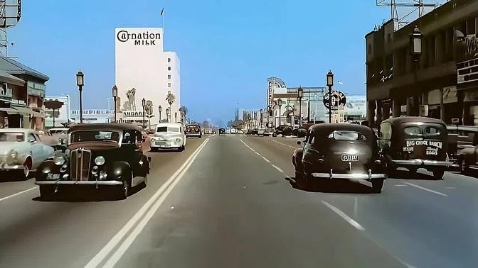 A Drive Through Los Angeles 1950s in color [60fps, Remastered] w/sound design added