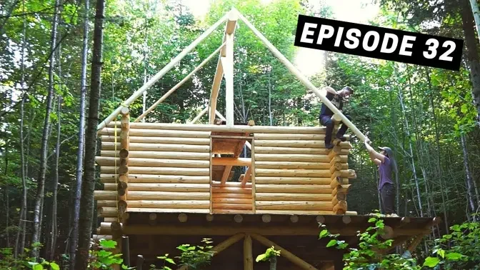 Building A Log Cabin | Ep. 32 | Raising roof rafters onto our tiny log cabin | Ridge log braces