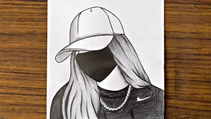 Girl with mask drawing | How to draw a girl wearing a hat | Pencil ...