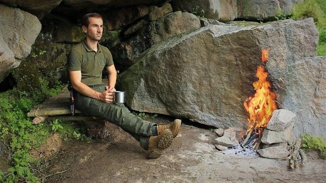 Bushcraft Camping in the Cave, Catch and Cook, Smoked Fish and Roasted ...