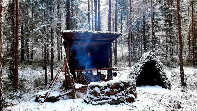 Winter Camping in Amazing Log Cabin Shelter - Building a Bushcraft Shelter Off the Grid