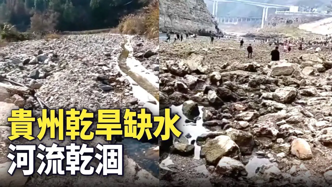 2023年1月底，貴州遵義烏江乾涸斷流，居民到河床撿螺螄。