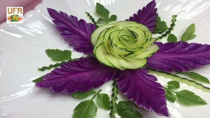 Impressive Cucumber Rose Flower & Purple Cabbage Leafs Designs _ Vegetable Flower Carving Decoration