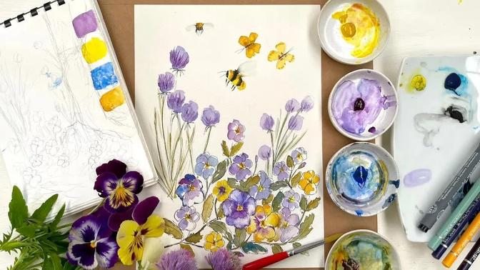 How to Paint Pen and Wash Pansies - Easy Beginners Tutorial in Watercolour