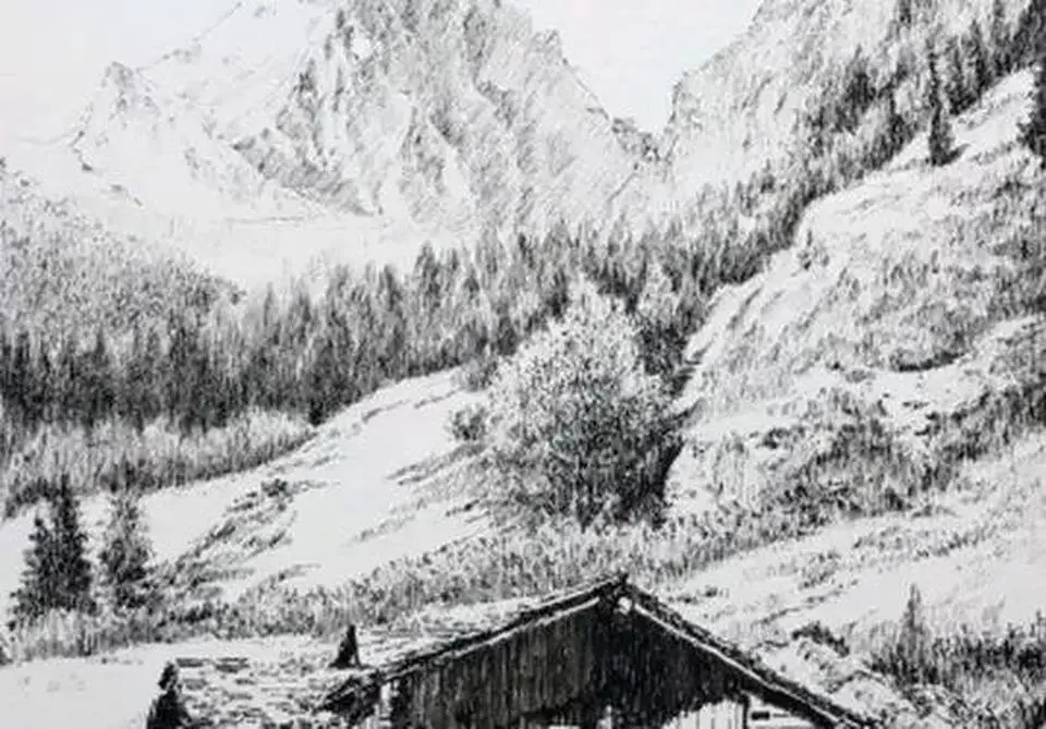 风景速写，雪山森林草场与小木屋，理想之地呀