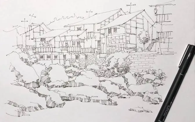 钢笔画风景手绘练习，分享乡村民居户外速写过程，大家一起画起来