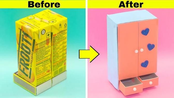 DIY Mini wardrobe with waste boxes || Make miniature wardrobe with Frooti  box and matchbox