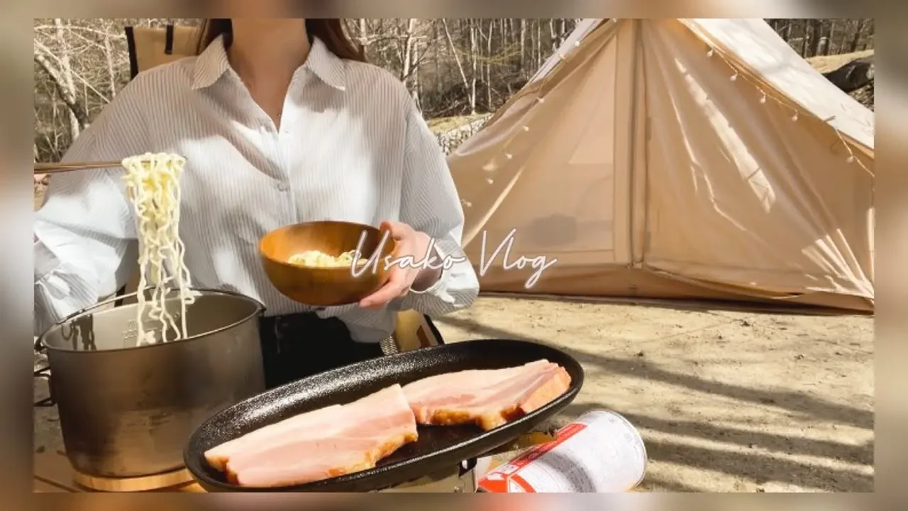Camp Vlog | 北欧テントをたてて美味しいキャンプ飯作り🍳 | ベーコンエッグラーメン | S'moreオシャレキャンプギア